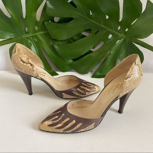 VTG Rosina Ferragamo Schiavone Leather/Snakeskin Heel Pump Flame Embossed 8.5N